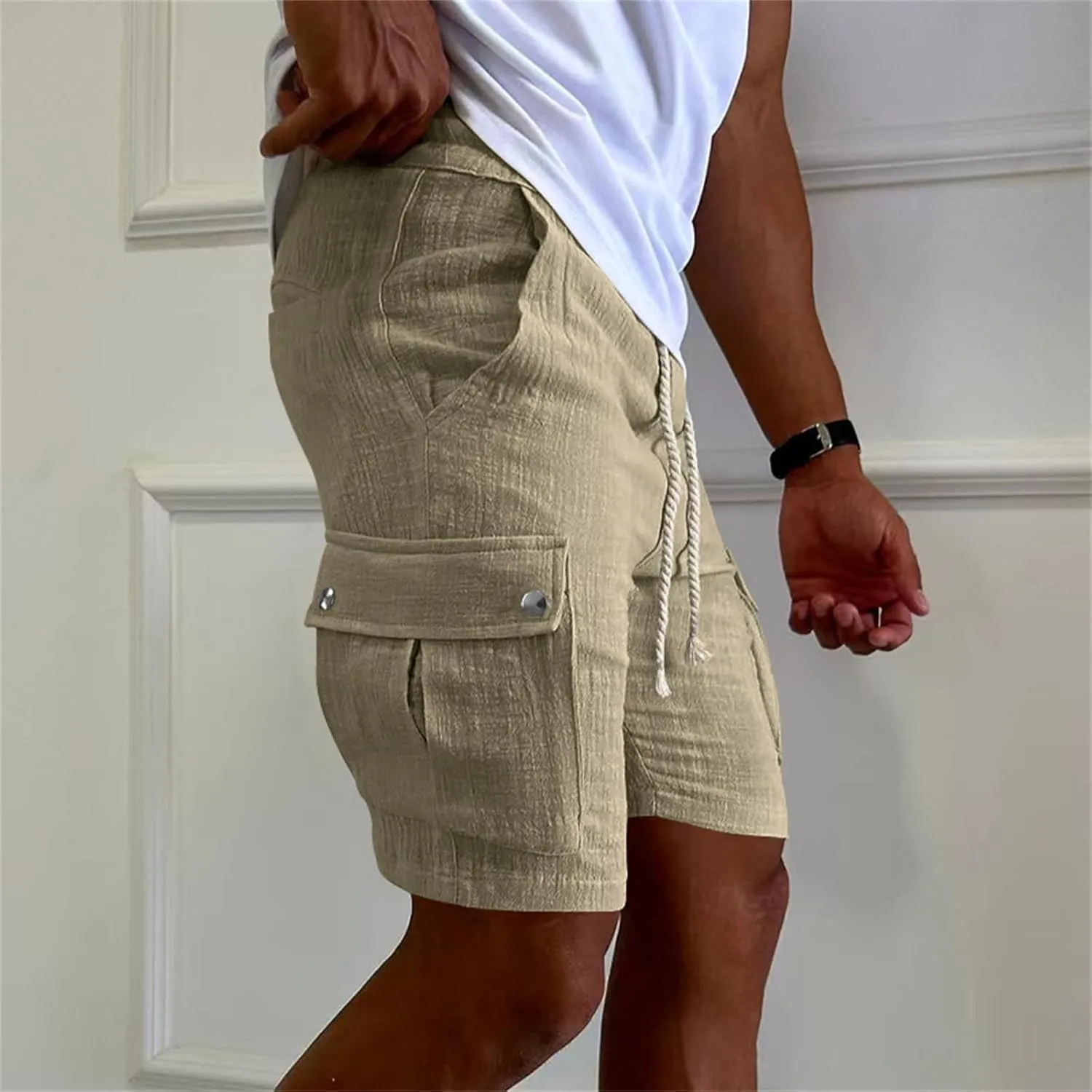 Mens Cargo Shorts Casual Classic-Fit Shorts Cotton Drawstring Summer Beach Stretch Golf Shorts