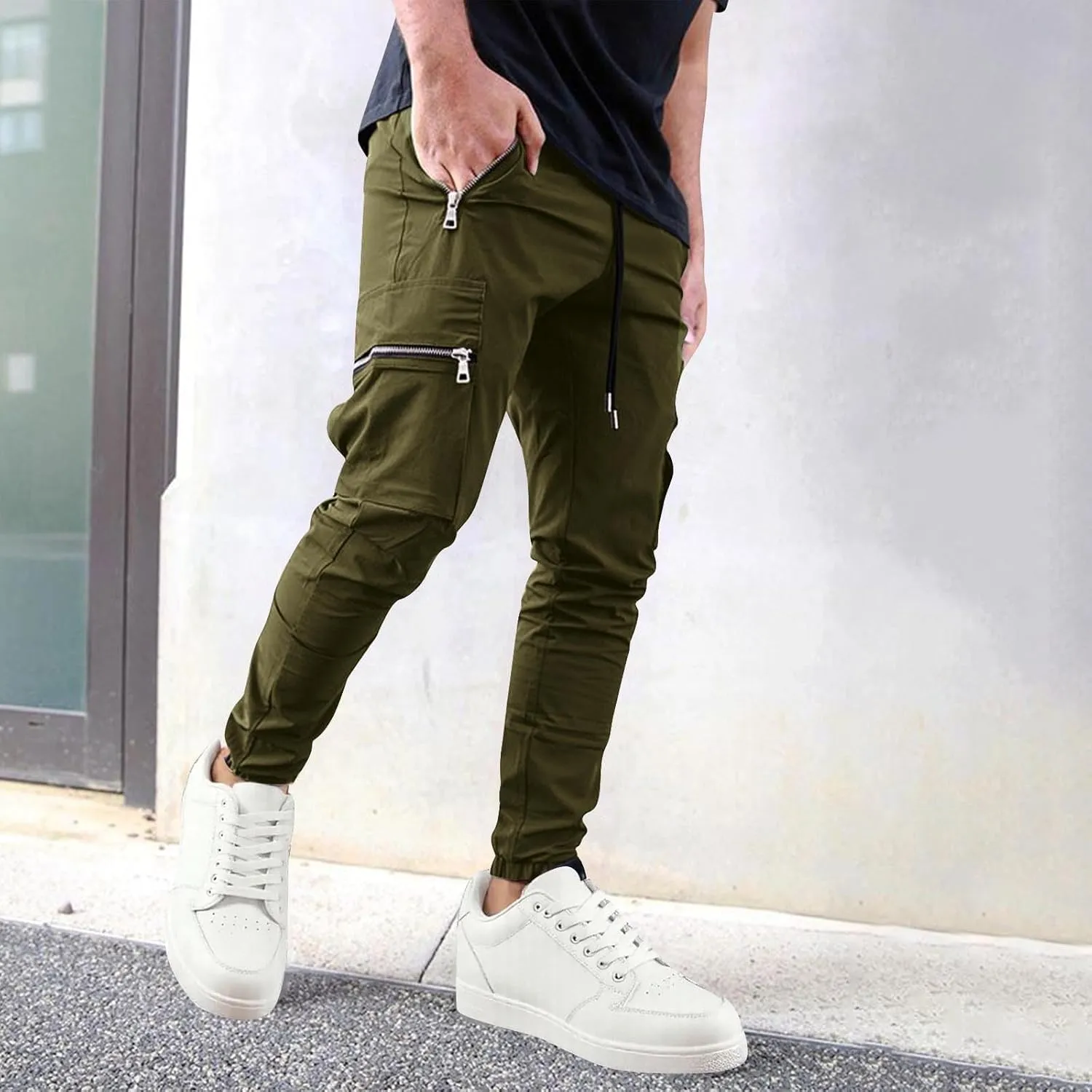Men's Casual Cargo Pants Drawstring Elastic Waist Joggers Sweatpants Solid Color Multiple Pockets Hiking Trousers