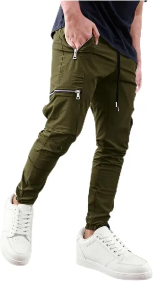 Men's Casual Cargo Pants Drawstring Elastic Waist Joggers Sweatpants Solid Color Multiple Pockets Hiking Trousers