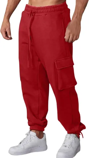 Mens Casual Cargo Sweatpant with Multi Pockets Baggy Elastic Waist Drawstring Pants Outdoor Straight Stretch Trousers
