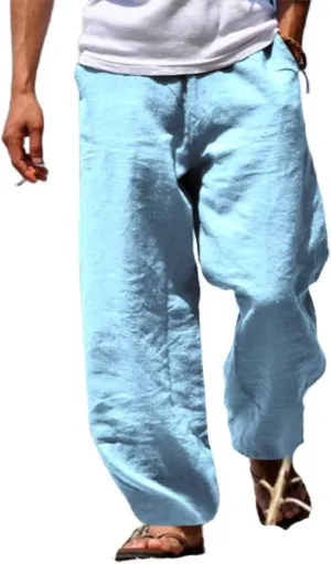 Mens Casual Cotton Linen Pants Hippie Drawstring Wide Leg Elastic Waist Sweatpants Lightweight Cargo Trousers