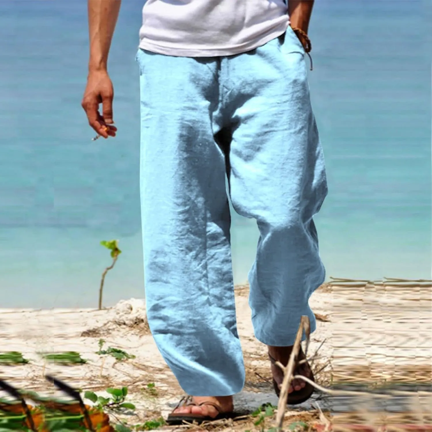 Mens Casual Cotton Linen Pants Hippie Drawstring Wide Leg Elastic Waist Sweatpants Lightweight Cargo Trousers