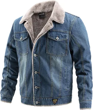 Mens Casual Fleece Denim Jackets Button Down Long Sleeves Jean Sherpa Lined Coat Warm Outwear Winter Tops for Mens