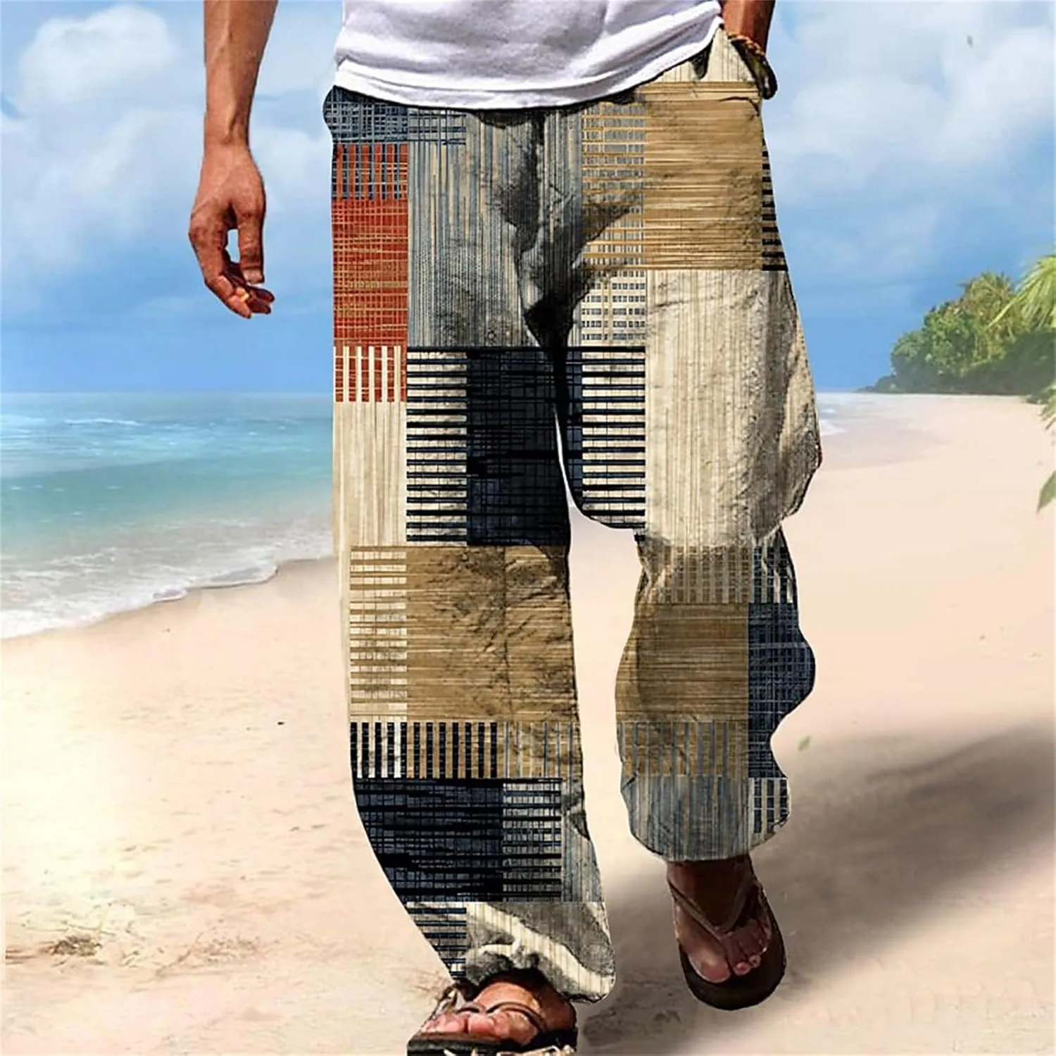 Mens Casual Linen Pants Drawstring Lightweight Elastic Waist Larger Size Sweatpants Loose Beach Fashion Trousers
