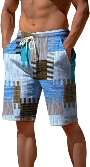 Mens Color Block Printed Summer Linen Pants Drawstring Straight Leg Casual Beach Pant Elastic Waist Beach Yoga Hawaiian Pants