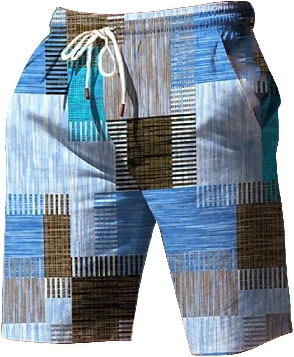 Mens Color Block Printed Summer Linen Pants Drawstring Straight Leg Casual Beach Pant Elastic Waist Beach Yoga Hawaiian Pants