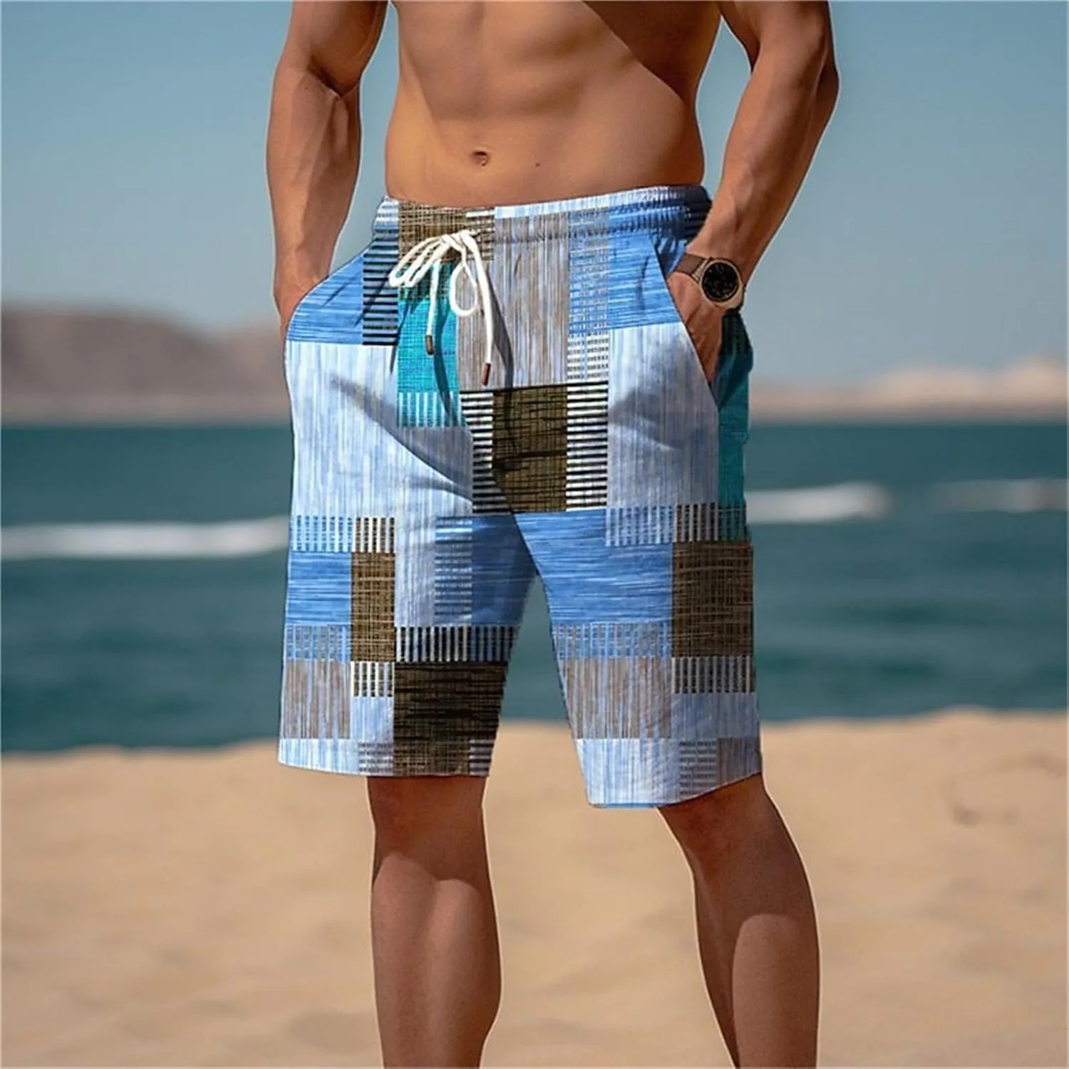 Mens Color Block Printed Summer Linen Pants Drawstring Straight Leg Casual Beach Pant Elastic Waist Beach Yoga Hawaiian Pants