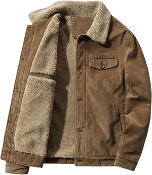 Men's Corduroy Jacket Fleece Sherpa Lined Trucker Jacket Button Front Cardigan Coat Midweight Thermal Coat with Pockets