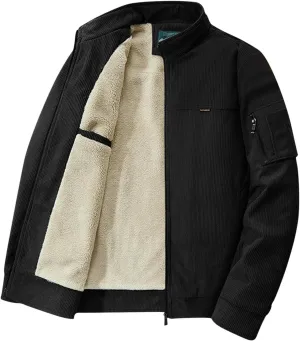 Men's Corduroy Sherpa Jacket Fleece Lined Long Sleeve Zip Up Jacket Winter Warm Solid Color Bomber Jacket Plus Size