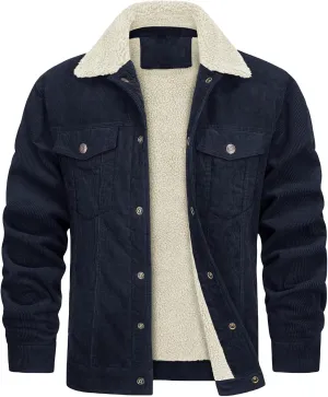 Men's Corduroy Sherpa Lined Trucker Jacket Winter Fleece Warm Coats Work Button Down Fur Collar Shirt Jacket for Men