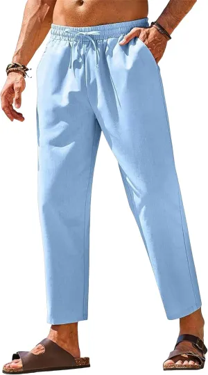 Men's Cotton Linen Beach Pants Casual Drawstring Elastic Waist Summer Fashion Lightweight Yoga Trousers with Pocket