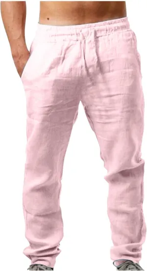 Men's Cotton Linen Casual Summer Sweatpant Elastic Waist Elastic Drawstring Lightweigh Pants Baggy Workout Joggers