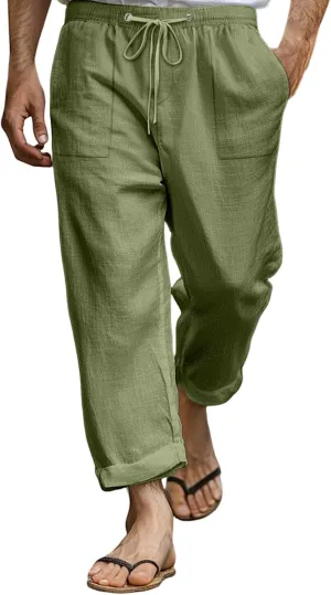 Mens Cotton Linen Drawstring Lightweight Pants Elastic Waist Casual Jogger Yoga Baggy Pants
