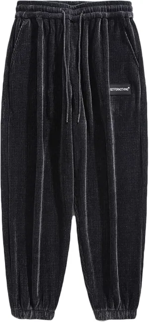 Mens Cozy Corduroy Joggers Pants Casual Cargo Pants Drawstring Elastic Waist Baggy Tapered Sweatpants with Pockets