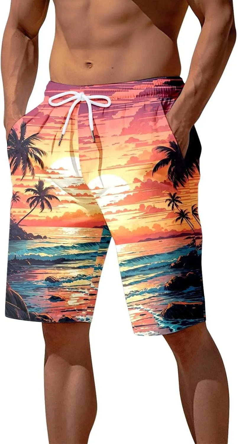 Mens Fashion Print Beach Shorts Drawstring Waist Short Pant Classic Holiday Pants Hawaiian Lounge Shorts Gym Shorts Men
