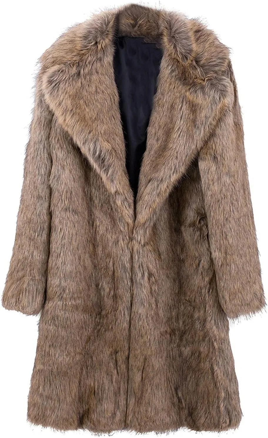 Mens Faux Fur Warm Coat Lapel Collar Open Front Fluffy Trench Coat Big & Tall Winter Long Parka Coat Luxury Overcoat