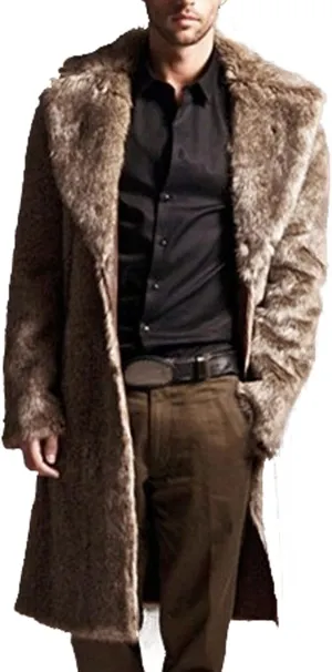 Mens Faux Fur Warm Coat Lapel Collar Open Front Fluffy Trench Coat Big & Tall Winter Long Parka Coat Luxury Overcoat