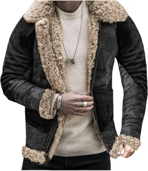 Men's Faux Lamb Wool Bomber Coat Men Faux Leather Sherpa Fleece Lined Jackets Heavyweight Suede Faux Fur Trench-Coat