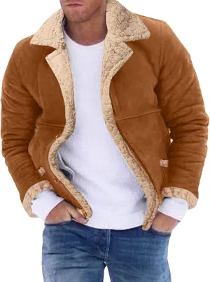 Mens Faux Suede Jackets Sherpa Lined Button Down Bomber Jacket Fur Collar Coat with Pockets Big & Tall Winter Jackets