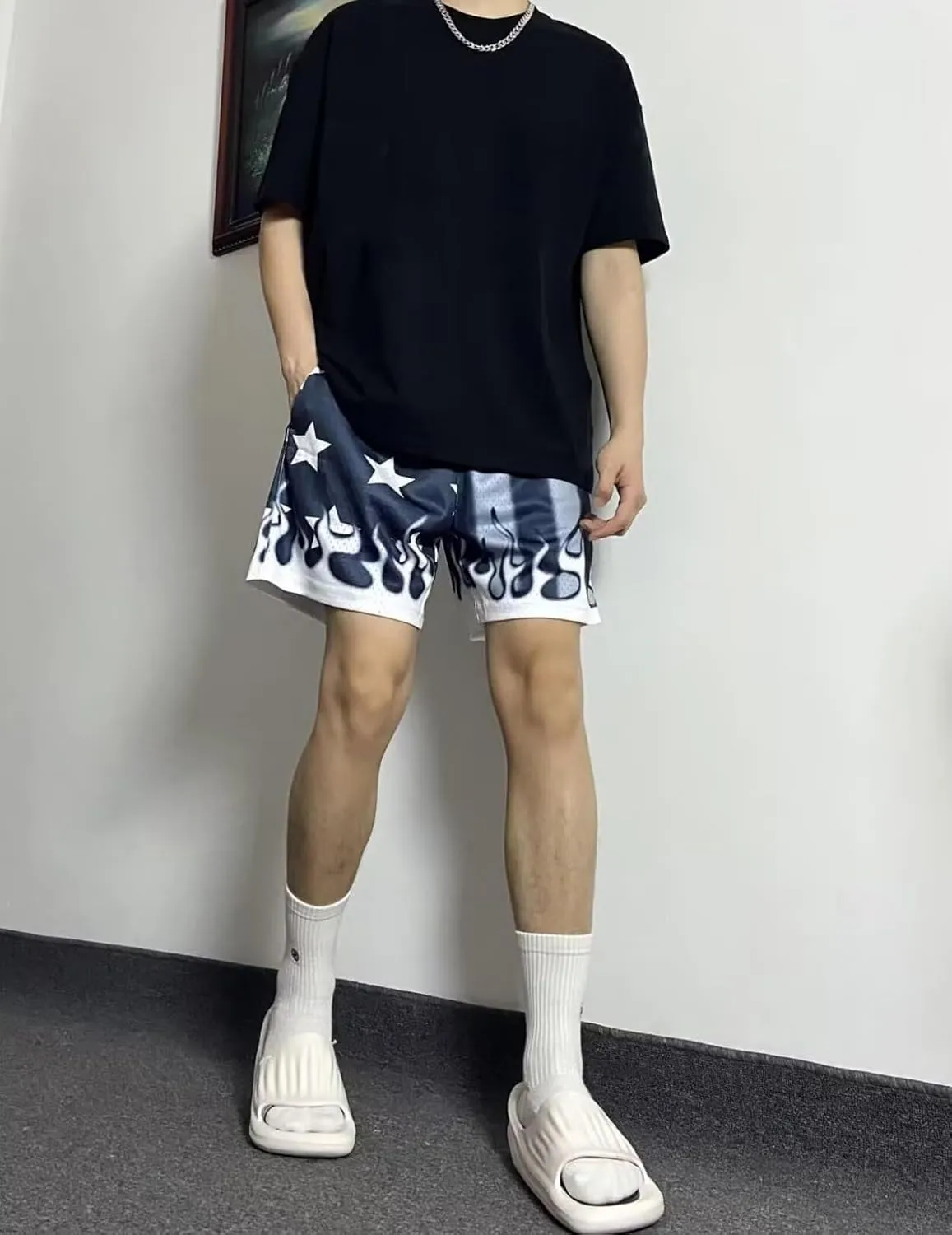 Men's Flame Star Basketball Shorts Breathable Mesh Retro Streetwear Gym Shorts