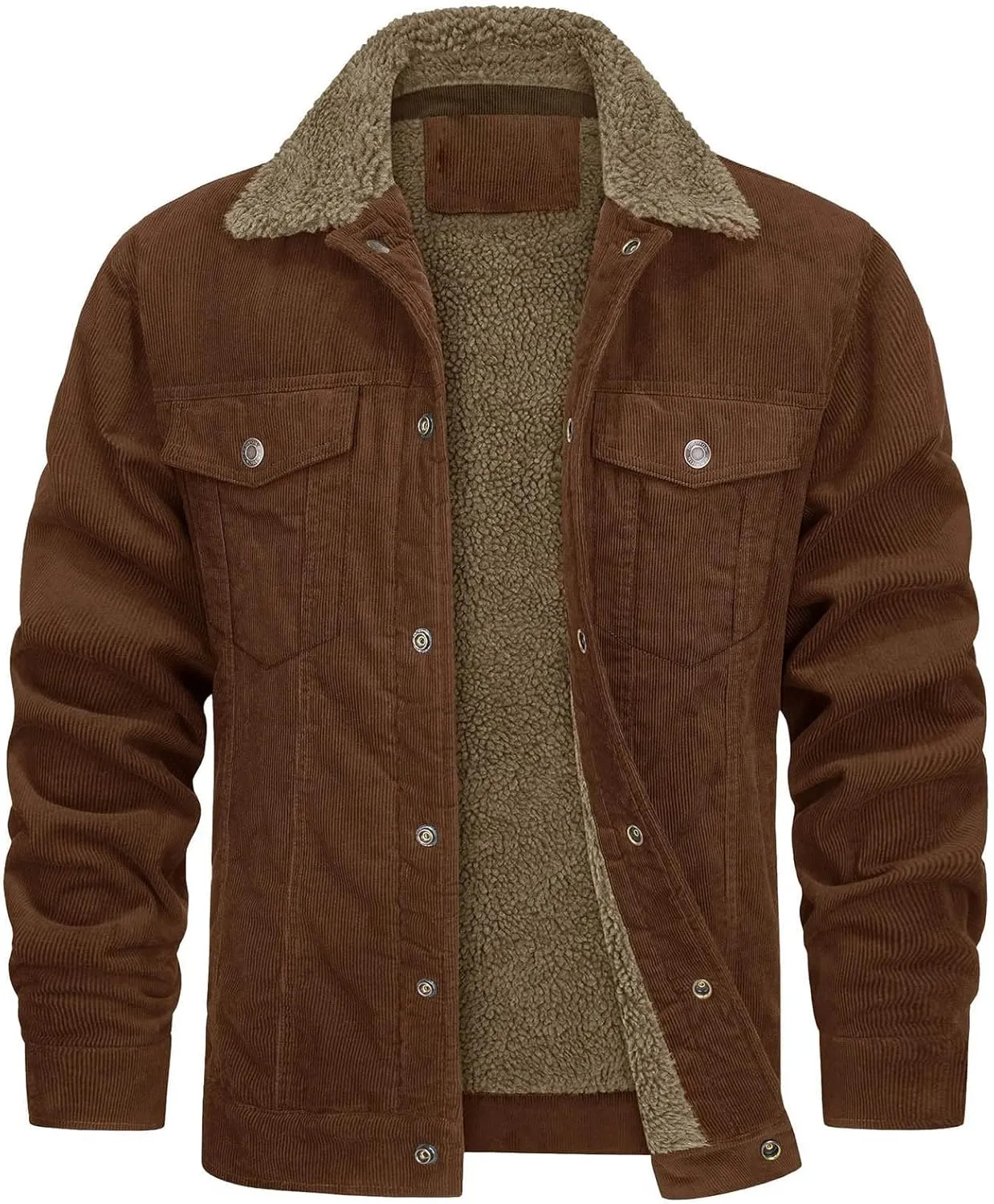 Mens Fleece Sherpa Lined Corduroy Jacket Slim Fit Button Down Trucker Jackets with Pockets Turn Down Collar Jacket
