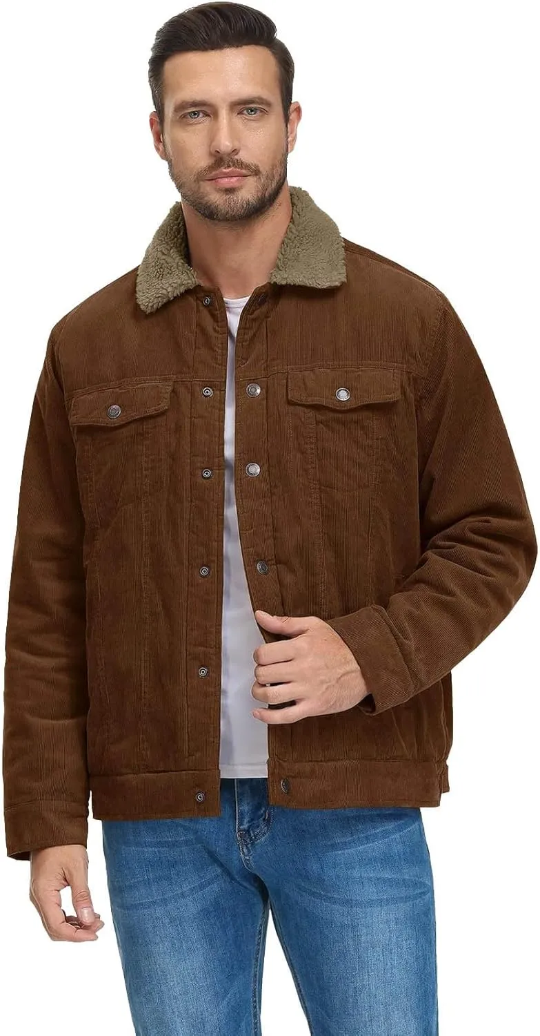 Mens Fleece Sherpa Lined Corduroy Jacket Slim Fit Button Down Trucker Jackets with Pockets Turn Down Collar Jacket