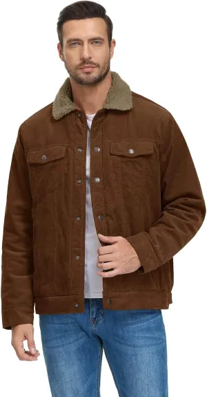 Mens Fleece Sherpa Lined Corduroy Jacket Slim Fit Button Down Trucker Jackets with Pockets Turn Down Collar Jacket