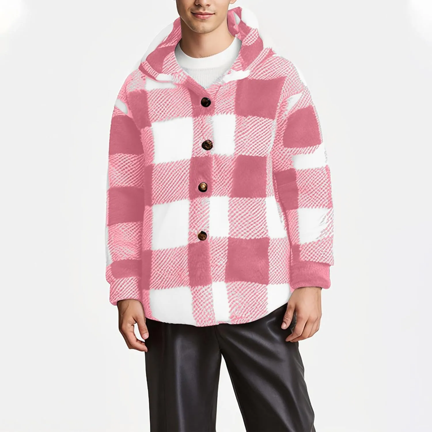 Men's Fuzzy Sherpa Jackets Fleece Hoodie Casual Warm Winter Jacket Button Down Long Sleeve Plaid Fall Fashion Outwear