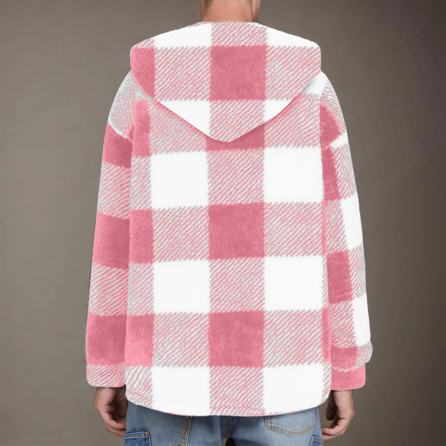 Men's Fuzzy Sherpa Jackets Fleece Hoodie Casual Warm Winter Jacket Button Down Long Sleeve Plaid Fall Fashion Outwear