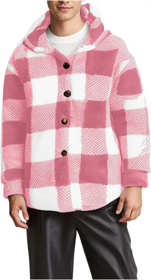 Men's Fuzzy Sherpa Jackets Fleece Hoodie Casual Warm Winter Jacket Button Down Long Sleeve Plaid Fall Fashion Outwear