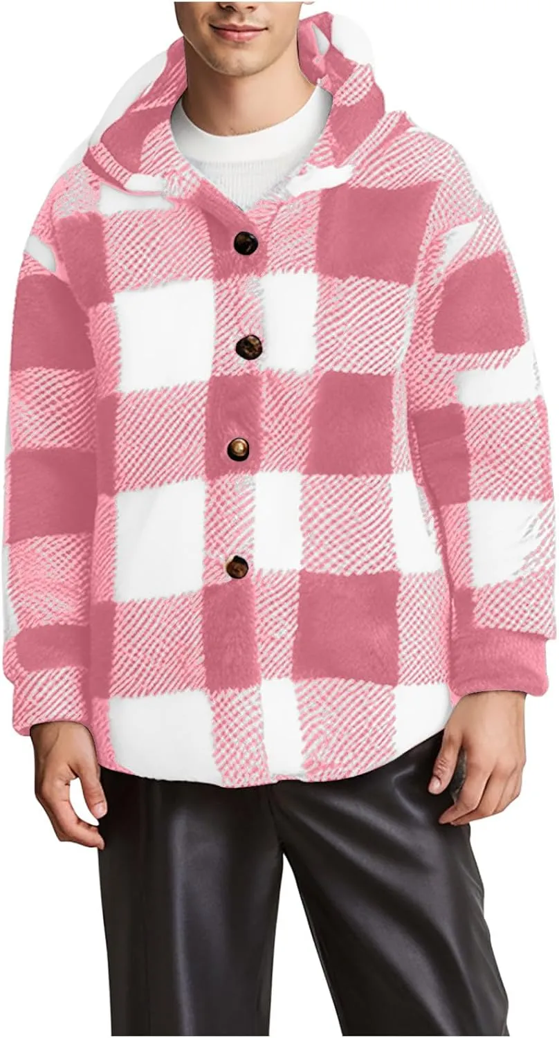 Men's Fuzzy Sherpa Jackets Fleece Hoodie Casual Warm Winter Jacket Button Down Long Sleeve Plaid Fall Fashion Outwear
