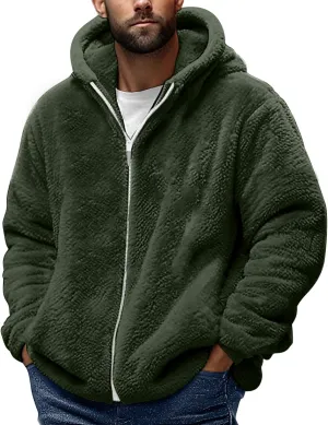 Men's Fuzzy Sherpa Jackets Fleece Hoodie Casual Warm Winter Jacket Full Zipper Long Sleeve Solid Fall Fashion Outwear