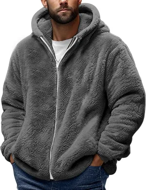 Men's Fuzzy Sherpa Jackets Fleece Hoodie Casual Warm Winter Jacket Full Zipper Long Sleeve Solid Fall Fashion Outwear