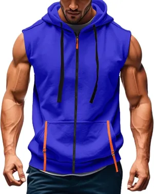 Mens Gym Top Streetwear Full Zip Hoodies Fashion Casual Muscle Fit Hooded Jacket for Basketball Workout Outdoor Cargo Vest Sweatshirt with Kangaroos Pockets