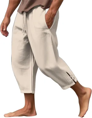 Mens Harem Cotton Linen Pants Lightweight Elastic Waist Casual Sweatpants Hippie Trousers Loose Fashion Pajamas