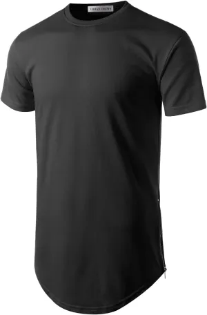 Mens Hipster Hip Hop Basic Longline Crewneck T-Shirt w/Zipper Trim