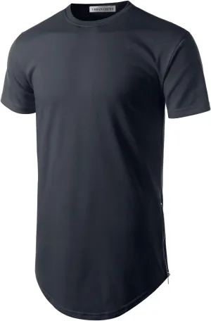 Mens Hipster Hip Hop Basic Longline Crewneck T-Shirt w/Zipper Trim