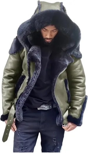 Men's Hooded Windbreak Jackets Sherpa Lined Jacket PU Faux Leather Zip-Up Motorcycle Bomber Jacket Warm Thick Coats