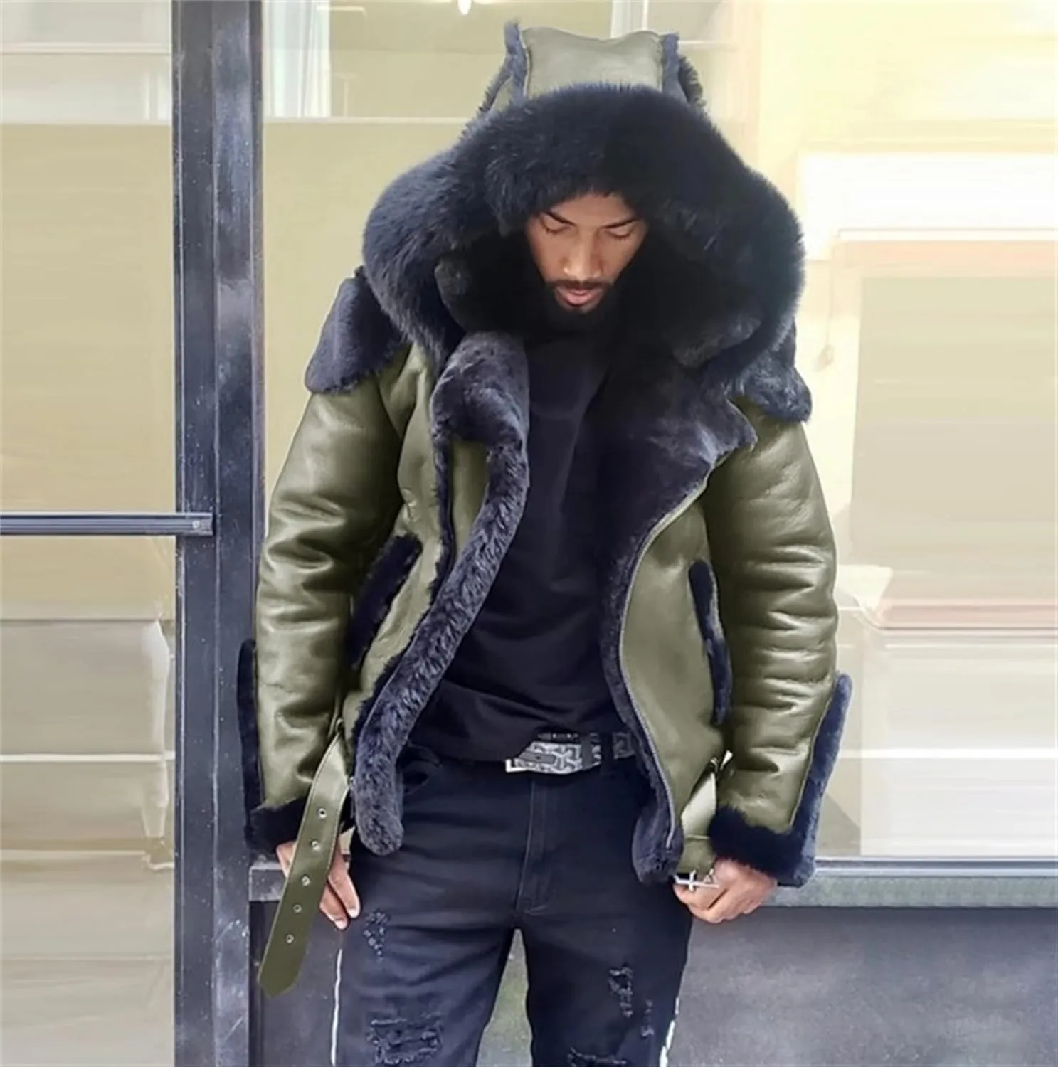 Men's Hooded Windbreak Jackets Sherpa Lined Jacket PU Faux Leather Zip-Up Motorcycle Bomber Jacket Warm Thick Coats