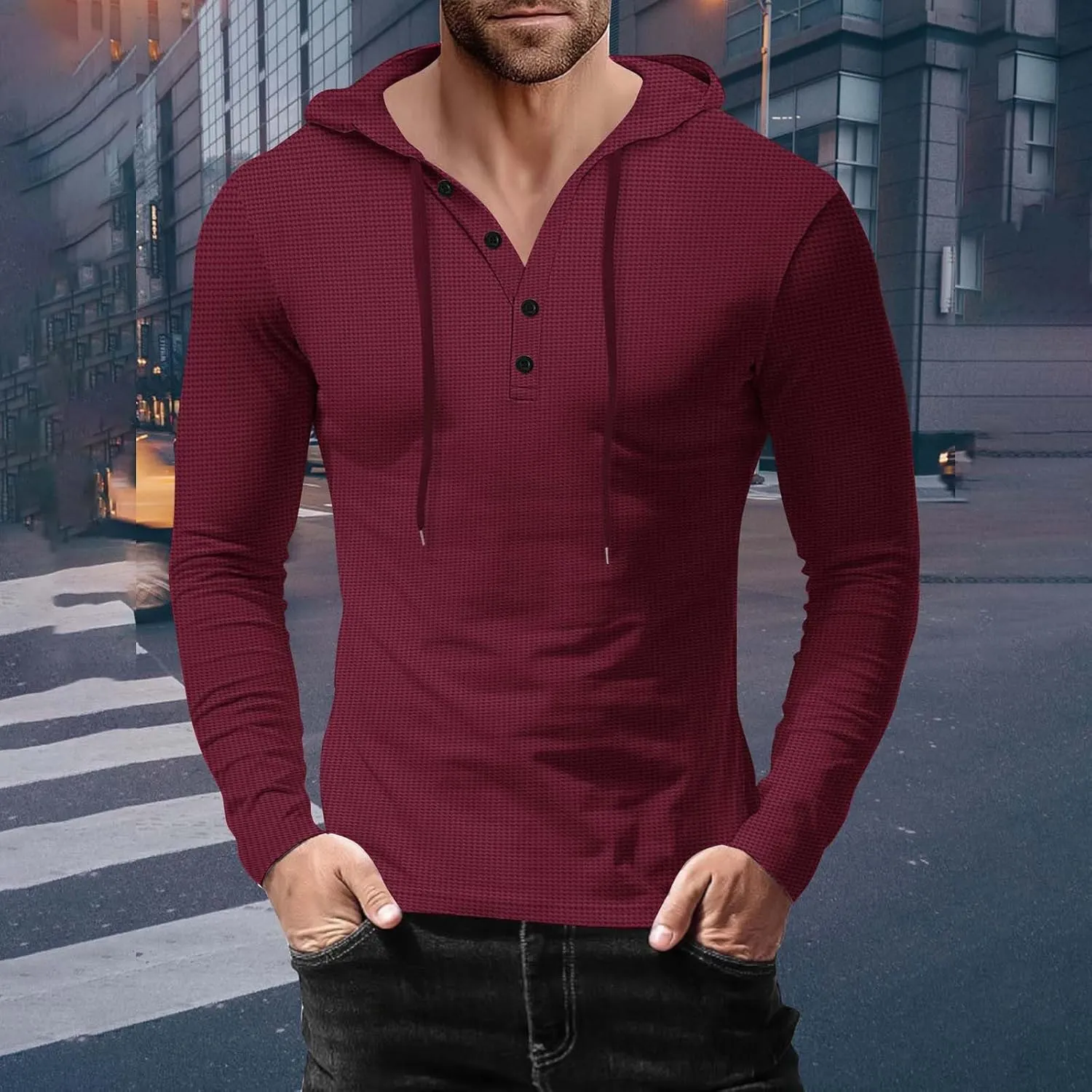 Men's Hoodie Sweatshirt Long Sleeve Button Down Henley Shirts Pullover Tops Drawstring Solid Casual Outdoor T-Shirt