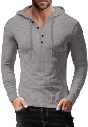 Men's Hoodie Sweatshirt Long Sleeve Button Down Henley Shirts Pullover Tops Drawstring Solid Casual Outdoor T-Shirt