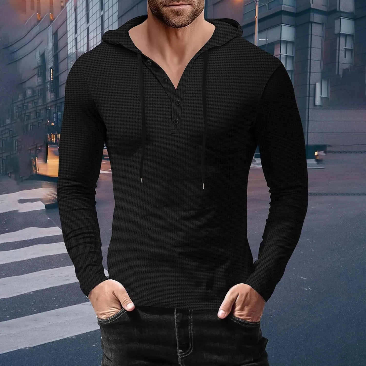 Men's Hoodie Sweatshirt Long Sleeve Button Down Henley Shirts Pullover Tops Drawstring Solid Casual Outdoor T-Shirt