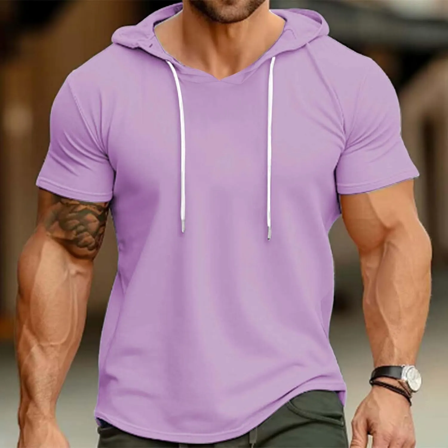 Mens Hoodies T-Shirts Slim Fit Short Sleeve Casual Lightweight Drawstring Hooded Muscle Shirts Workout Gym Sweatshirt