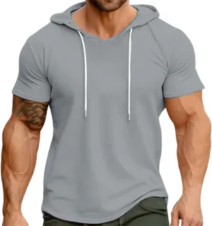 Mens Hoodies T-Shirts Slim Fit Short Sleeve Casual Lightweight Drawstring Hooded Muscle Shirts Workout Gym Sweatshirt