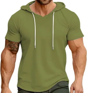 Mens Hoodies T-Shirts Slim Fit Short Sleeve Casual Lightweight Drawstring Hooded Muscle Shirts Workout Gym Sweatshirt