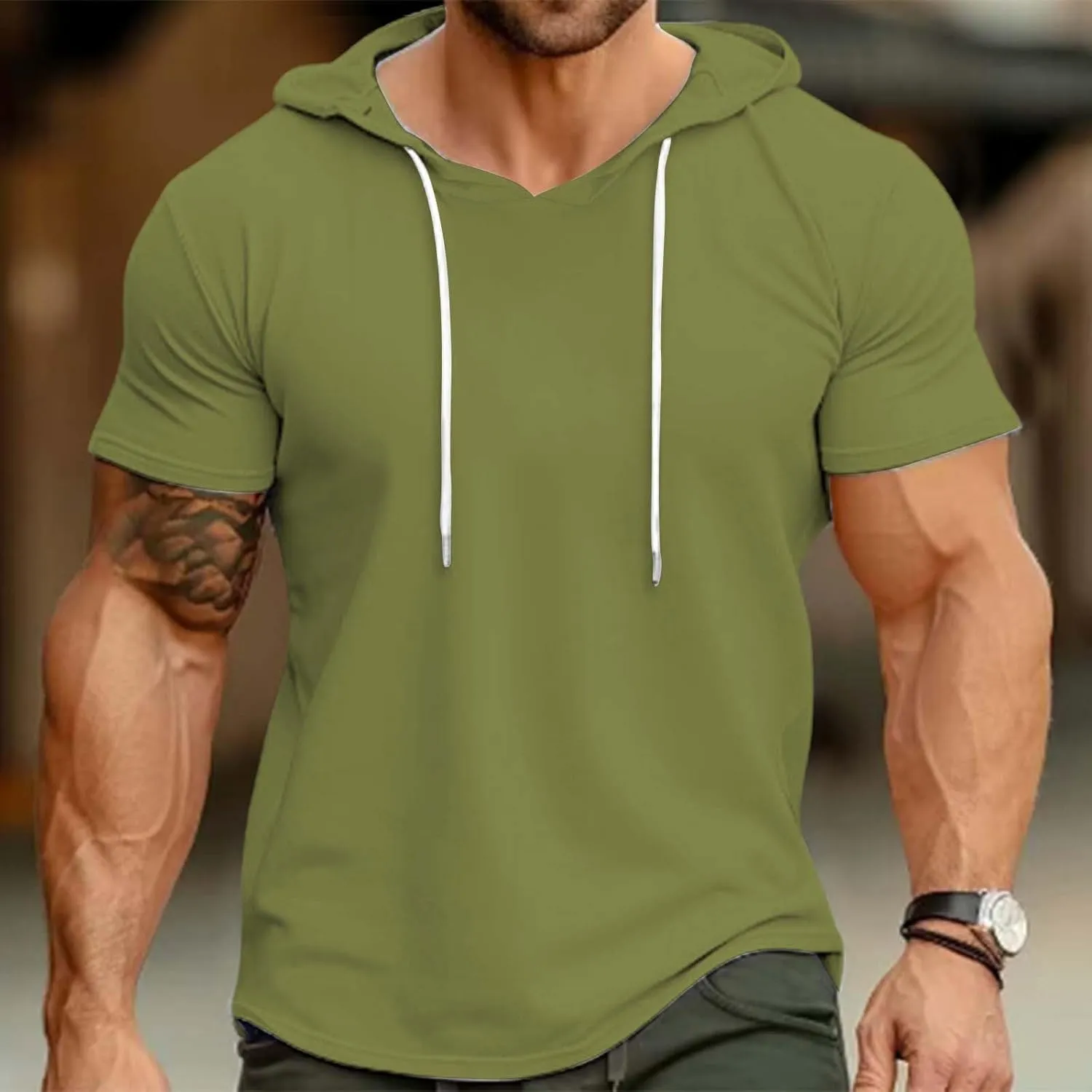 Mens Hoodies T-Shirts Slim Fit Short Sleeve Casual Lightweight Drawstring Hooded Muscle Shirts Workout Gym Sweatshirt