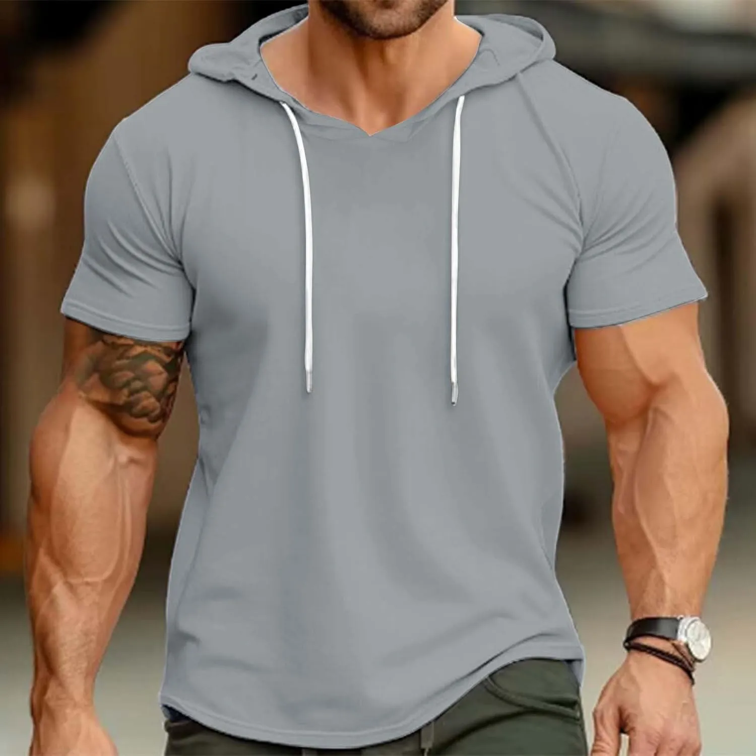 Mens Hoodies T-Shirts Slim Fit Short Sleeve Casual Lightweight Drawstring Hooded Muscle Shirts Workout Gym Sweatshirt