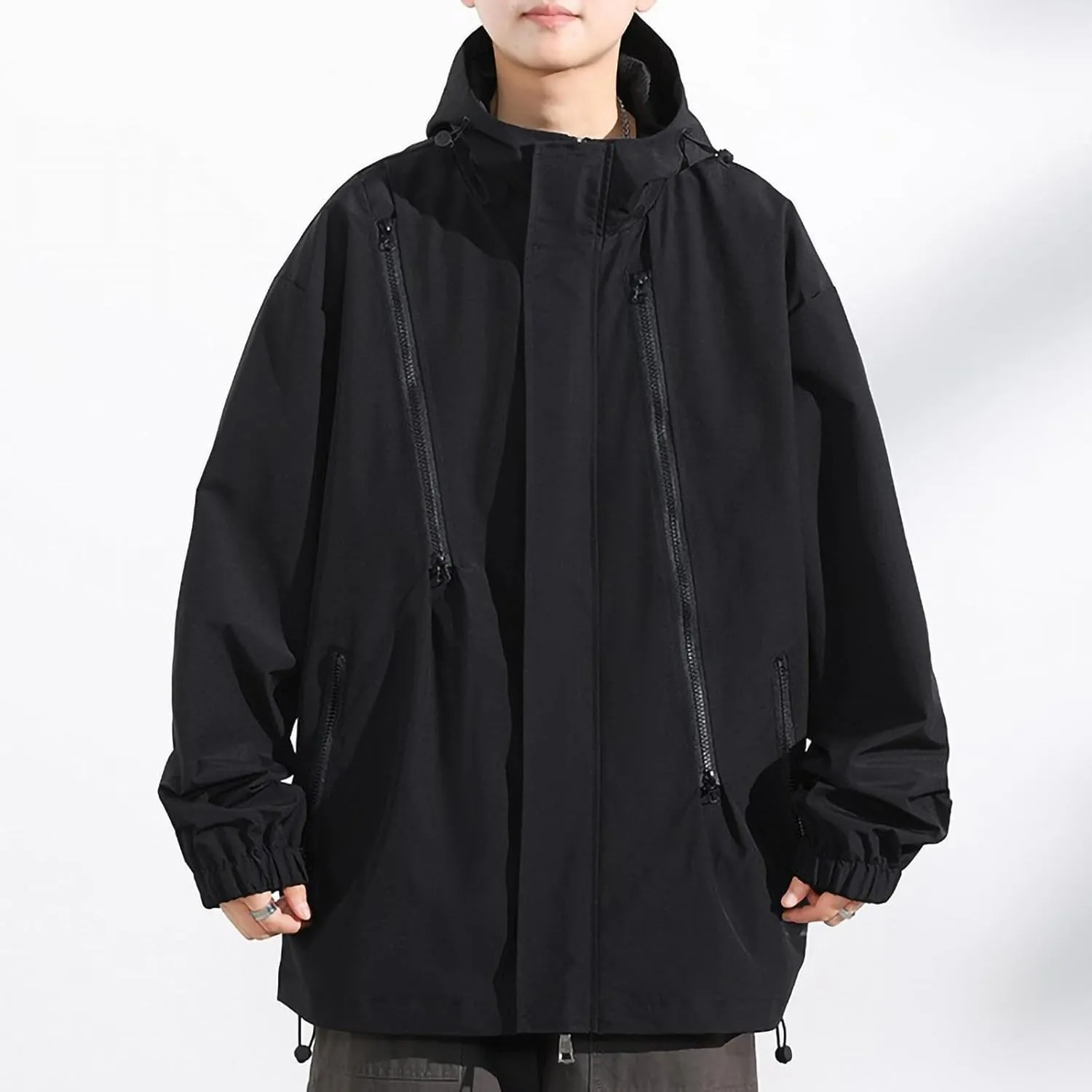Men's Lightweight Breathable Raincoat Jacket Waterproof Hooded Rain Jacket Oversized Zip-Up Windbreaker with Pockets