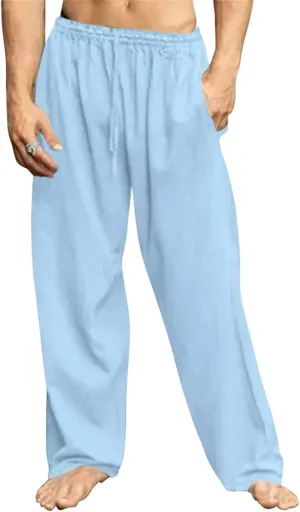 Mens Lightweight Cotton Linen Pants Drawstring Casual Sweatpants Elastic Waist Loose Pajamas Beach Fashion Trousers