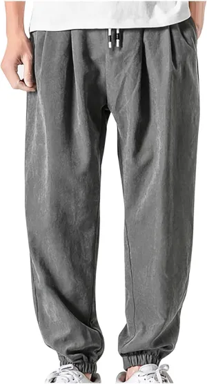 Men's Linen Harem Pants Casual Loose Drawstring Elastic Waist Sweatpant Outdoor Baggy Hiking Jogger Trousers Pockets